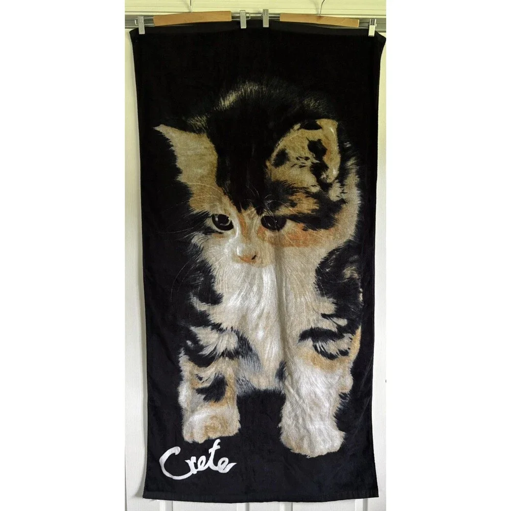 Precious Calico Kitten Cat Beach Bath Towel 58” X 31” 100% Cotton Black “Crete”